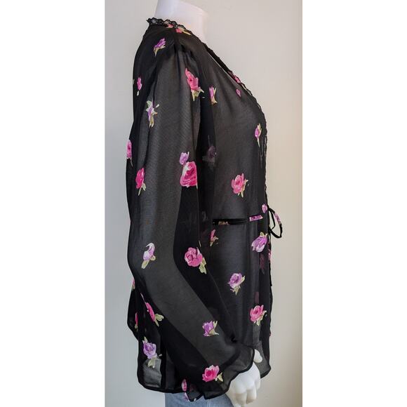 August Max Woman Vintage Sheer Open Blouse Size X Black Pink Floral Rose Lace - Picture 5 of 10